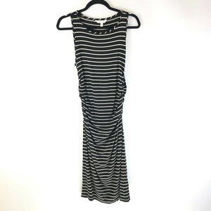 Athleta Comeback Tank Midi Dress Ruched Sleeveless Striped Black Beige Size M